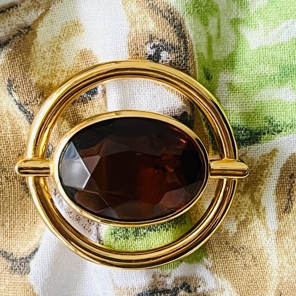 Vintage Luxurious 18K Gold Plated Large Faceted Smoky Topaz Glass Round Brooch - Picture 2 of 7